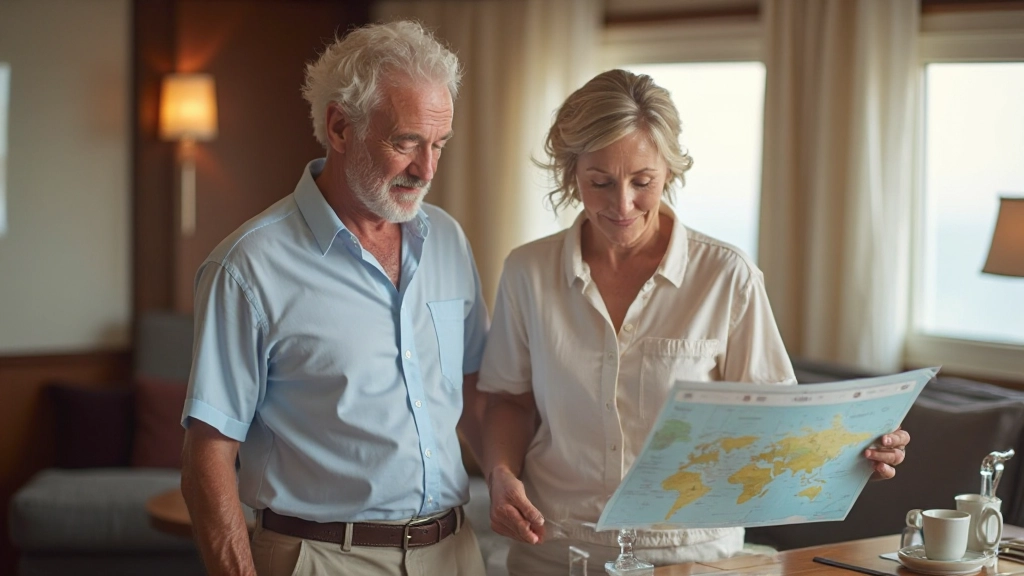 Professional cruise passengers reviewing excursion details and destination maps in elegant stateroom cabin before shore adventure