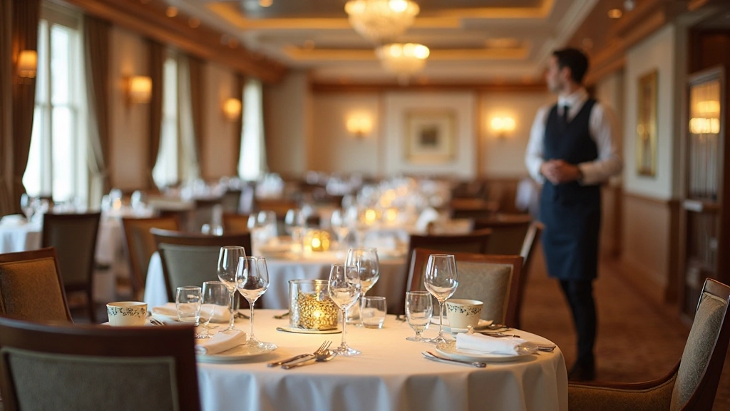Fine dining restaurant with elegant table settings and professional waitstaff