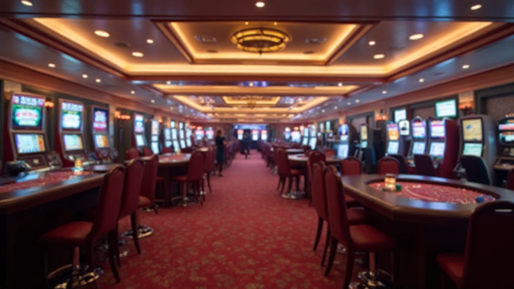 Modern casino gaming floor with slot machines and gaming tables