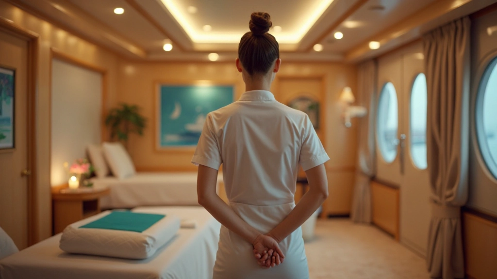 Luxurious cruise ship spa facility with massage tables, wellness treatment areas, and serene relaxation environment