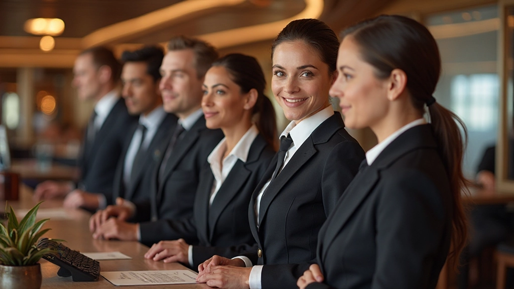 Concierge team working together at elegant service desk with international destination maps and planning materials