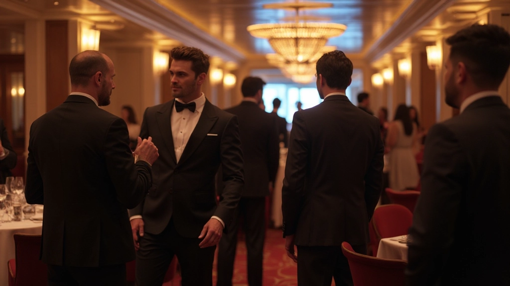 Formal evening scene in upscale cruise lounge with elegantly dressed guests