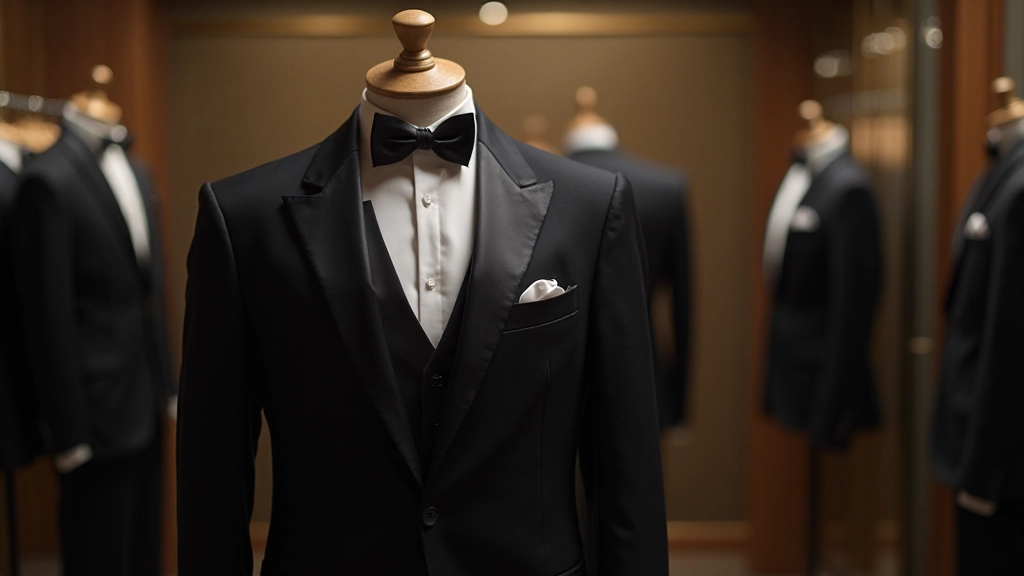 Elegant formal dining attire displayed on mannequins showing black tie and formal dress code standards