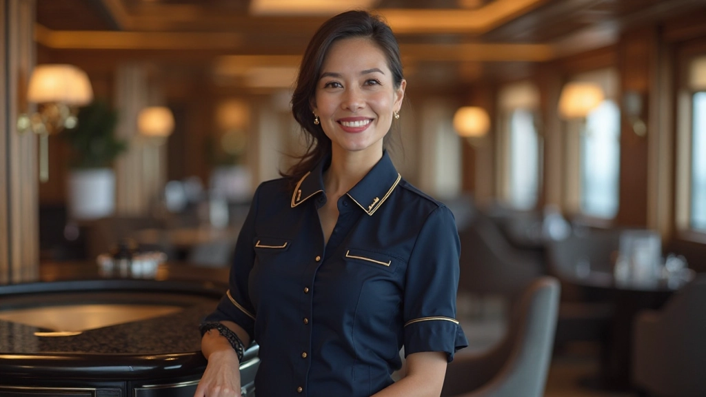 Concierge professional in elegant uniform greeting passengers with warm smile in cruise ship lobby