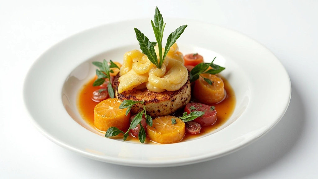 Gourmet plated dish with artistic presentation featuring seasonal ingredients and premium garnishes
