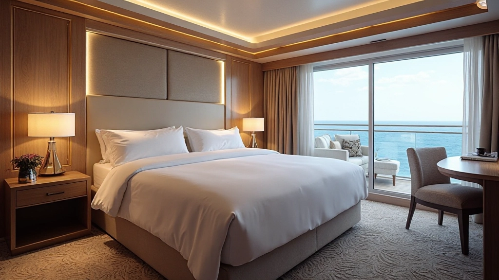 Premium stateroom interior with elegant decor and ocean-view balcony
