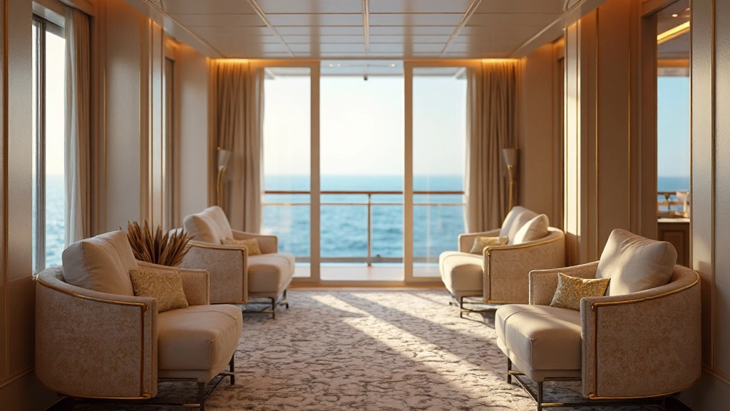Interior view of elegant VIP lounge with premium furnishings and ocean view