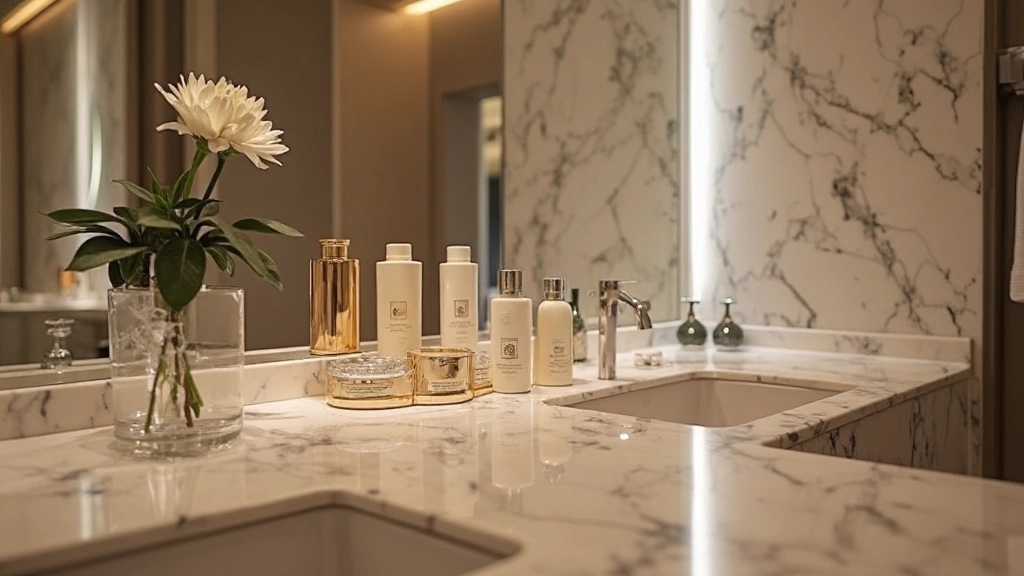 Luxury suite bathroom with premium amenities and butler-arranged toiletries collection