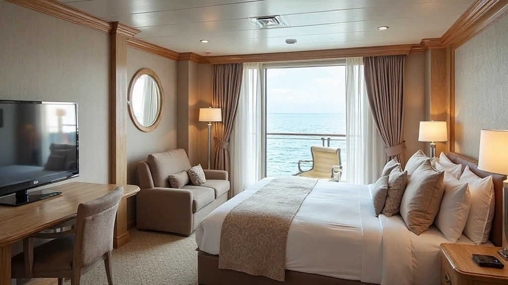 Modern oceanview cabin with comfortable furnishings and porthole window overlooking the sea