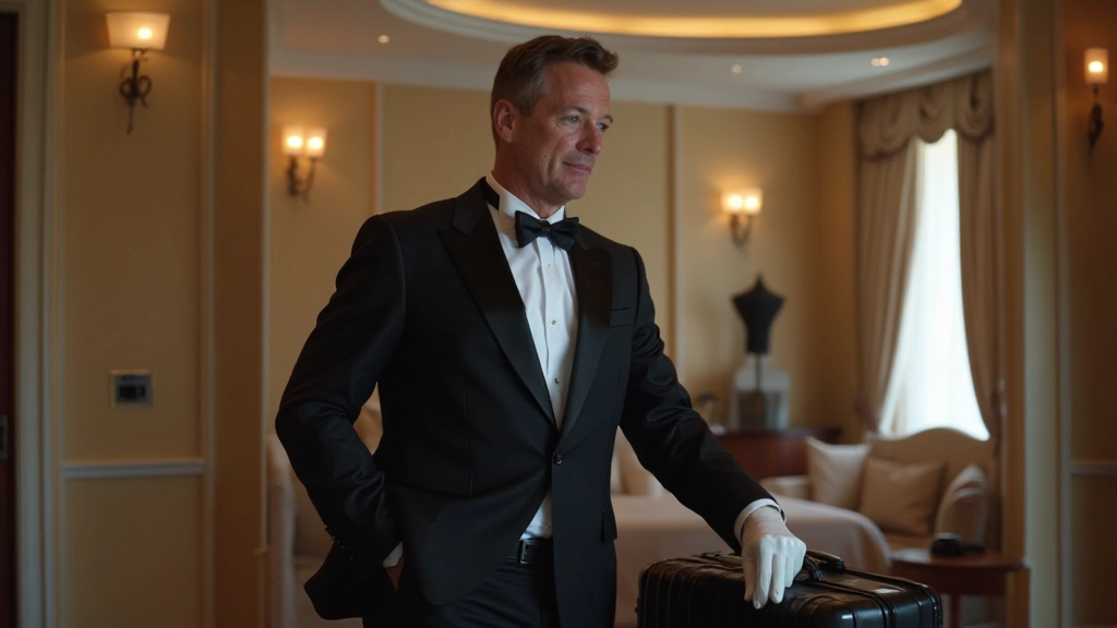 Suite butler in formal uniform providing personalized service to cruise guest in elegant stateroom