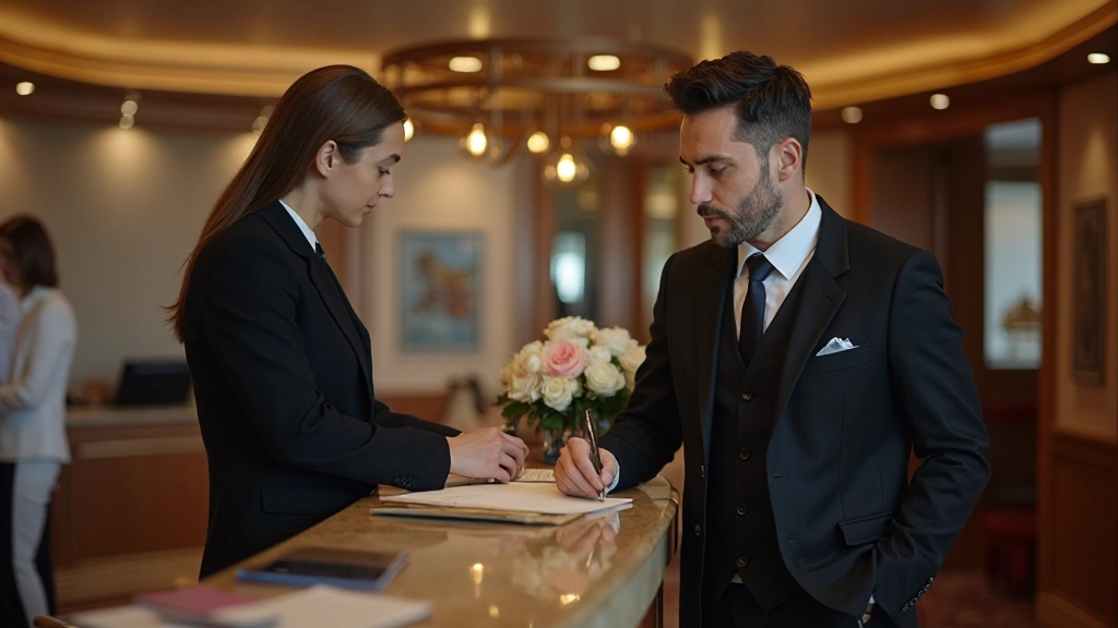 Concierge reviewing itinerary details with passenger at elegant desk with planning materials and digital tablet