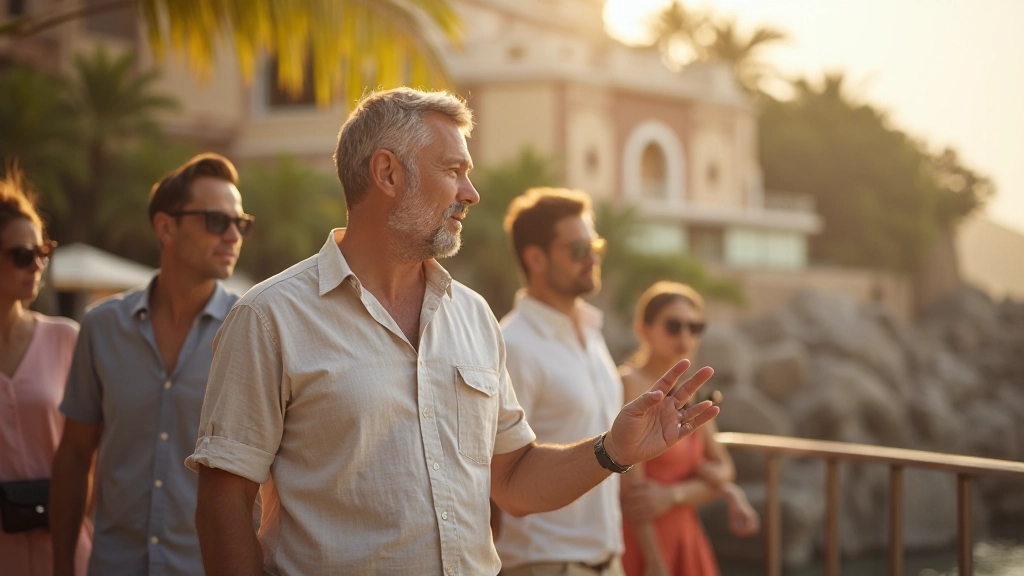 Luxury shore excursion guide explaining local architecture and cultural significance to attentive passengers at historic port site