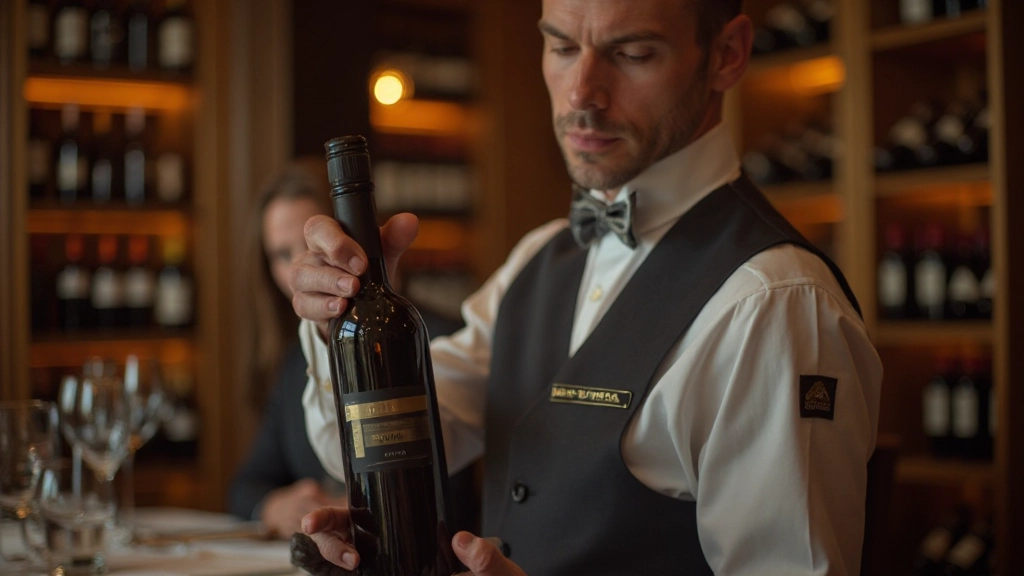Professional sommelier examining wine bottle in elegant restaurant with extensive wine collection displayed on shelves