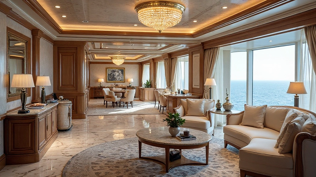 Luxurious penthouse suite with grand living area, premium furnishings, and extensive private balcony overlooking the ocean