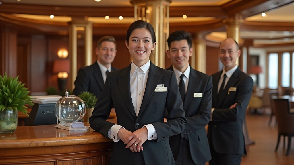 Modern concierge desk with professional staff assisting first-class guests