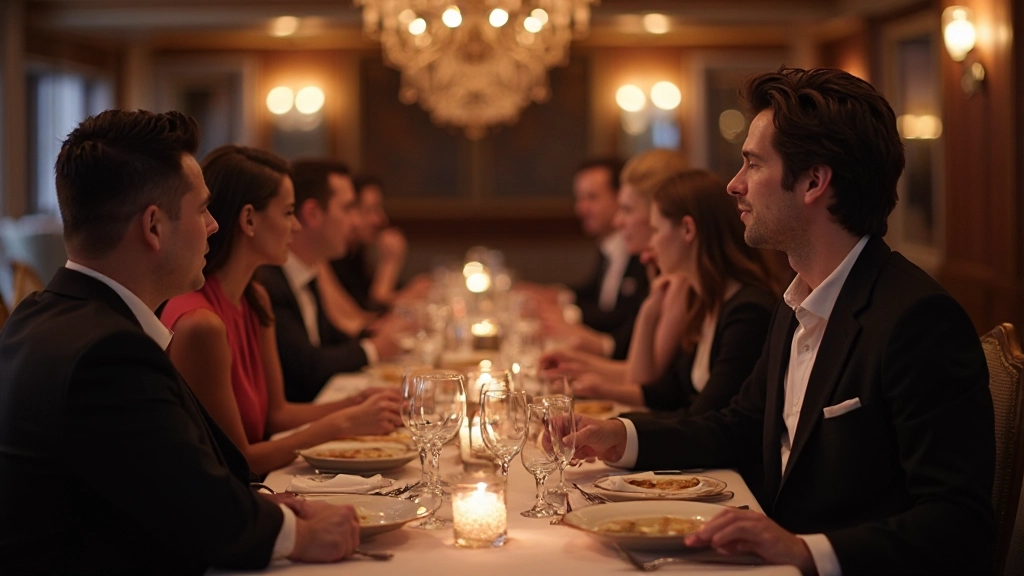 Elegant dinner event with formally dressed guests enjoying wine and conversation in intimate setting